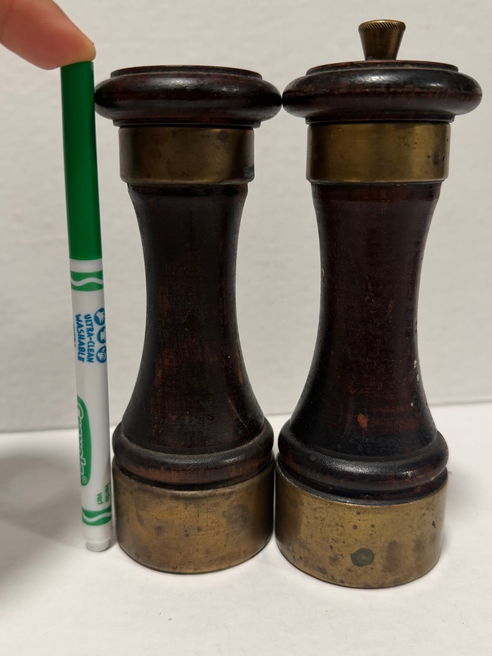 Vintage Wood and Brass Salt & Pepper Mills - Dark Wood
